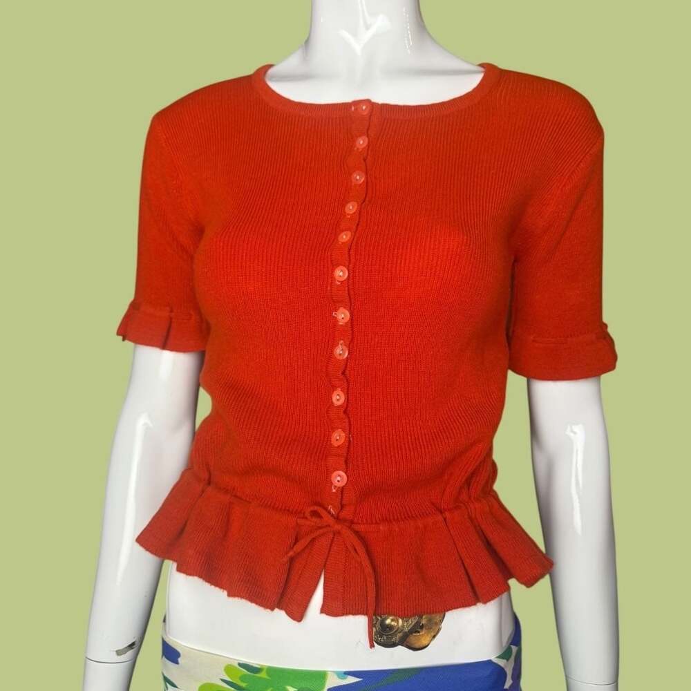 Vintage Orange Ribbed Peplum Button-Down Sweater Top